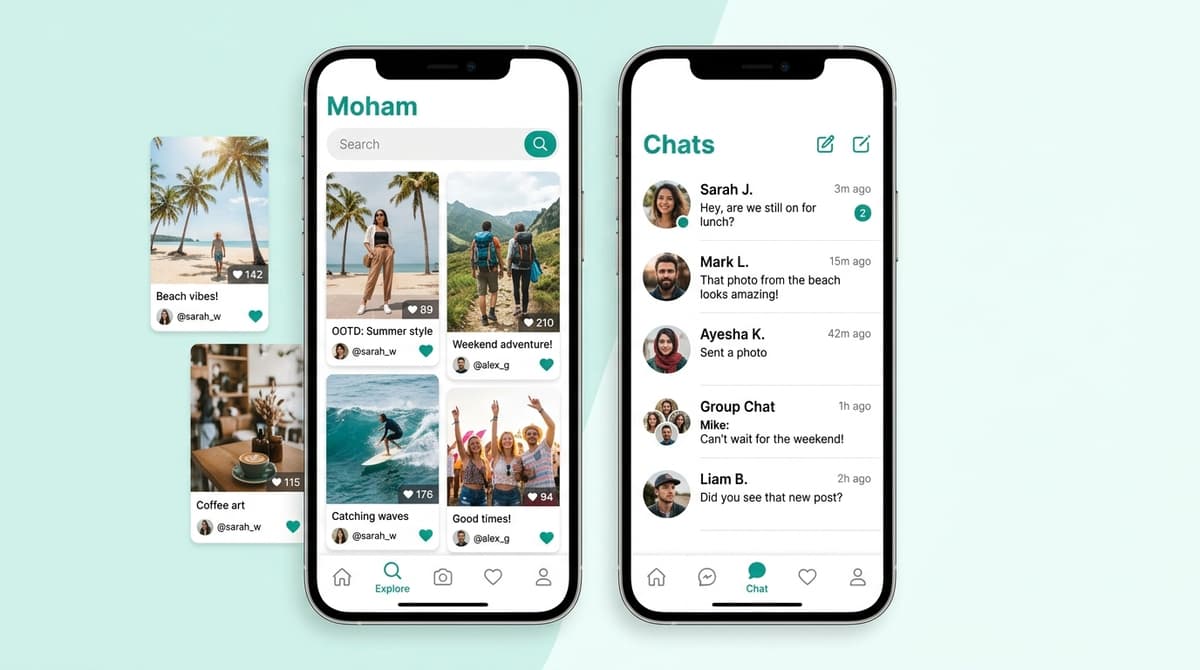 Moham app Explore and Chat screens side by side