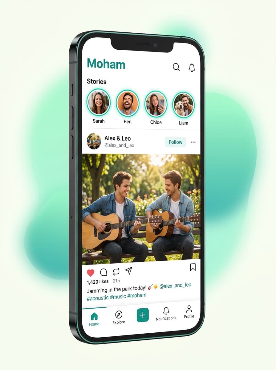 Moham app shown on a smartphone with social feed