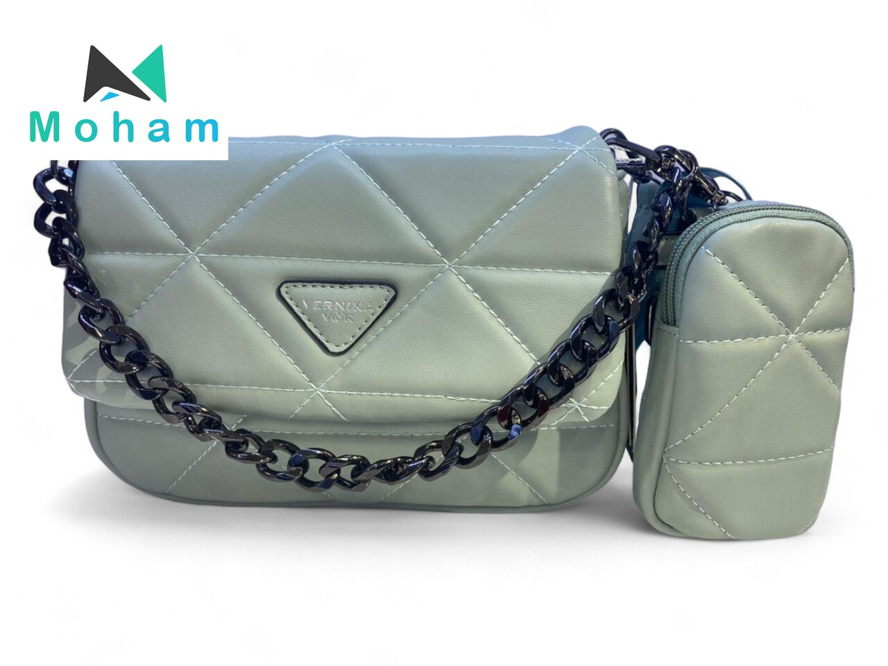 Light blue leather purse with black chain