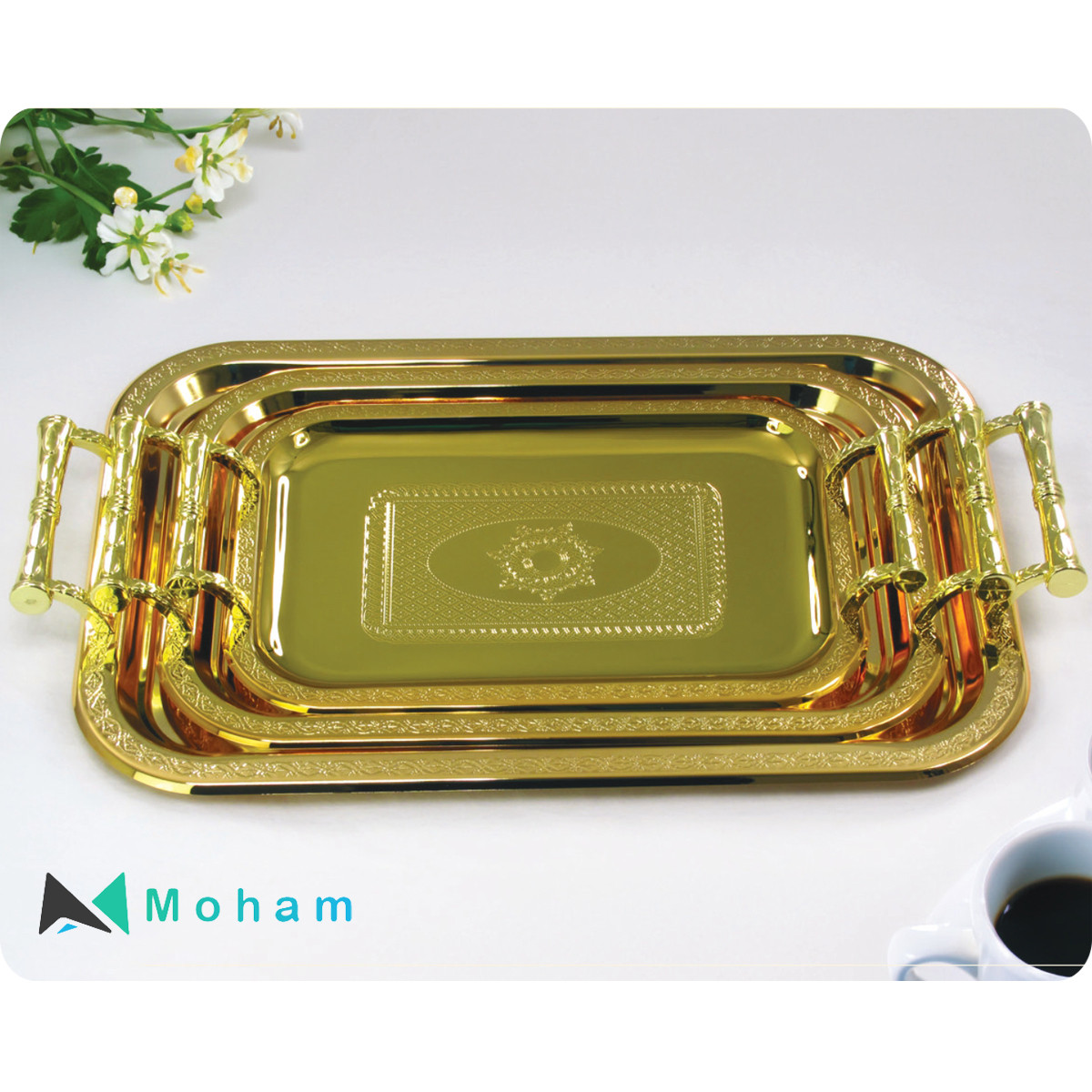 Set of 3 Gold Nesting Trays with Bamboo-Style Handles Design - GER3665