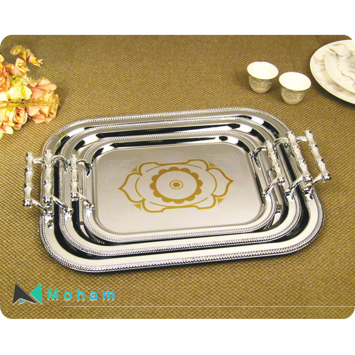 Silver Stainless Steel Serving Trays with Cutout Handles - GER1756