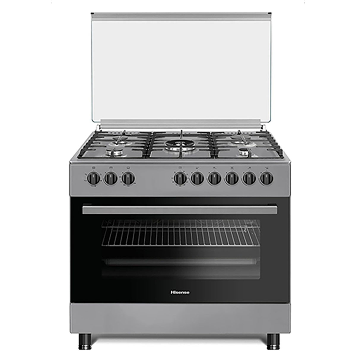 Hisense HGI9B21S, 90 cm Freestanding Gas Cooker With Dual Fan, 105 Liters Multifunction Oven, Cast Iron Pan Support, One Hand Ignition, Stainless Steel, 1 Year Warranty