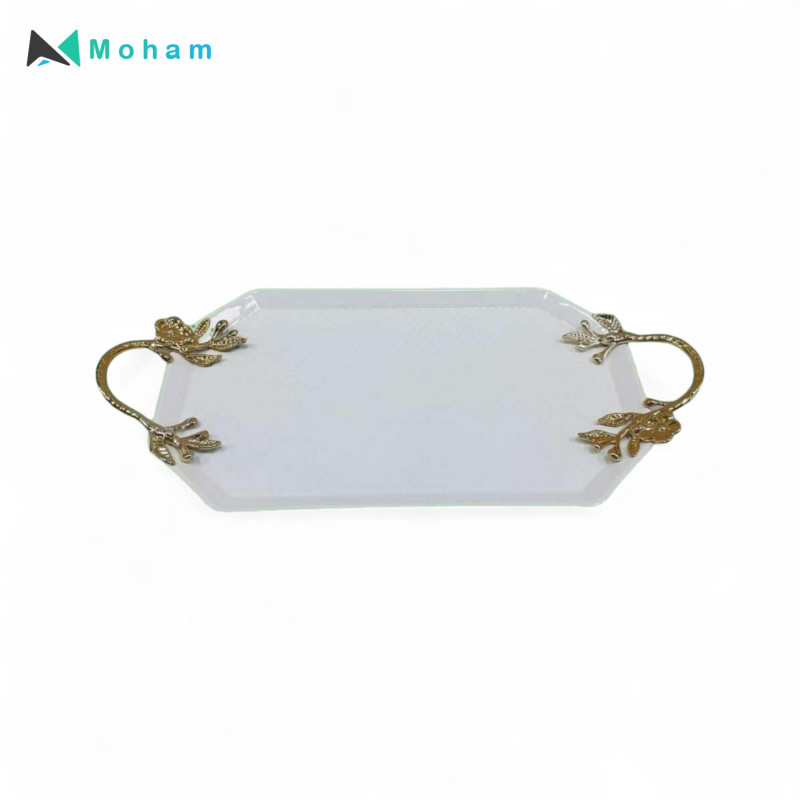 Elegant White Serving Tray with Gold Handles